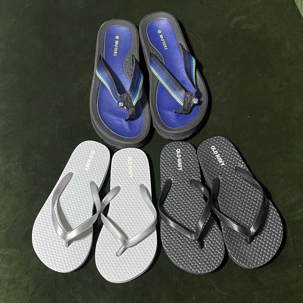 Blue Rafters Sandals + 2 Pairs of Old Navy Flip Flops - Blue, Silver/Gray, Black